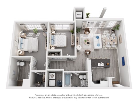 Floor plan for 2 beds, 2 baths, 1073 sqft